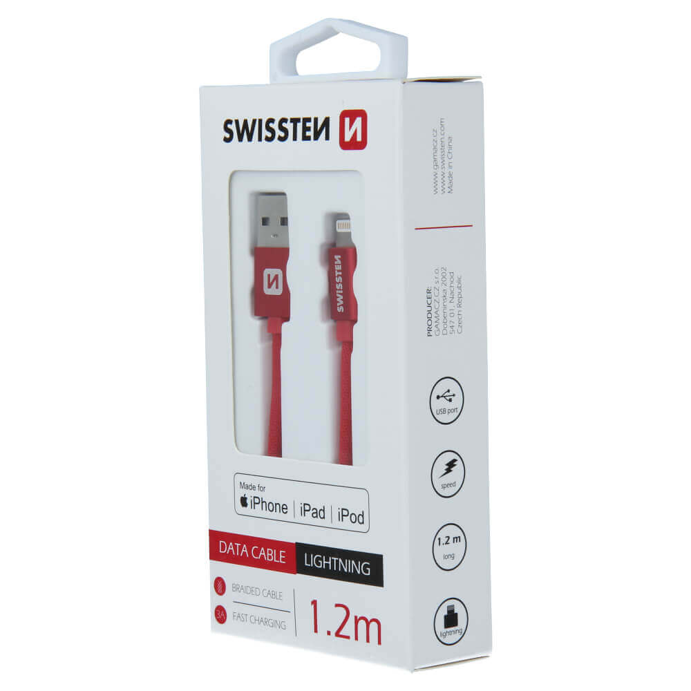 Textilný dátový kábel Swissten USB / LIGHTNING MFi 1,2 M  - červený